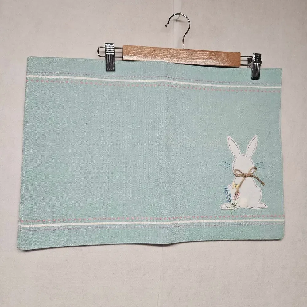 Vintage Easter Bunny Embroidered Placemats Set Mint Green Plaid Checked 2pc